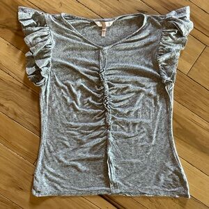 Rebecca Taylor Gray Linen Ruched Ruffled Blouse